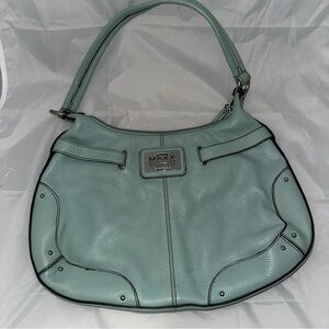 Maxx New York Signature Light Blue Leather Floral Interior Shoulder Bag